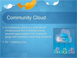 Community Cloud
 A Community cloud is a multi-tenant
infrastructure that is shared among
several organizations from a specific
group with common computing concerns.
 Ex :- hacking,virus
 
