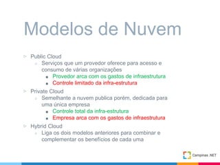 ▷ Public Cloud
○ Serviços que um provedor oferece para acesso e
consumo de várias organizações
■ Provedor arca com os gastos de infraestrutura
■ Controle limitado da infra-estrutura
▷ Private Cloud
○ Semelhante a nuvem publica porém, dedicada para
uma única empresa
■ Controle total da infra-estrutura
■ Empresa arca com os gastos de infraestrutura
▷ Hybrid Cloud
○ Liga os dois modelos anteriores para combinar e
complementar os benefícios de cada uma
Modelos de Nuvem
 
