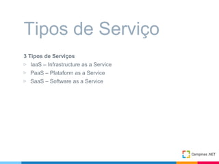 3 Tipos de Serviços
▷ IaaS – Infrastructure as a Service
▷ PaaS – Plataform as a Service
▷ SaaS – Software as a Service
Tipos de Serviço
 