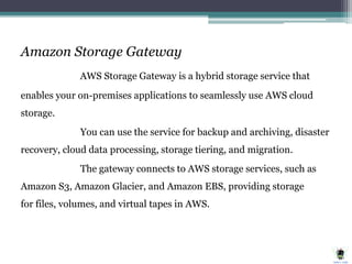 Amazon Storage Gateway
AWS Storage Gateway is a hybrid storage service that
enables your on-premises applications to seamlessly use AWS cloud
storage.
You can use the service for backup and archiving, disaster
recovery, cloud data processing, storage tiering, and migration.
The gateway connects to AWS storage services, such as
Amazon S3, Amazon Glacier, and Amazon EBS, providing storage
for files, volumes, and virtual tapes in AWS.
 