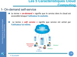 11
11
Les 5 Caractéristiques Cloud
Computing
Introductionàlatechnologie
CloudComputing
Le terme « on-demand » signifie que le service dans le cloud est
accessible lorsque l’utilisateur le souhaite.
Le terme « self- service » signifie que service est activé par
l’utilisateur lui-même.
1- On-demand self-service
Administrateur
informatique
interne
Utilisateur
Utilisateur
Faire
un recours
R. Bouabdallah
 