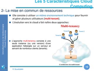 13
Introductionàlatechnologie
CloudComputing
Elle consiste à utiliser un même environnement technique pour fournir
et gérer plusieurs utilisateurs (multi-tenant).
L'évolution vers le cloud a fait naître deux approches:
2- La mise en commun de ressources
Multi-tenancy
Tenant A
Tenant B Tenant C
App
BD
L’architecture du multi-tenant
13
Les 5 Caractéristiques Cloud
Computing
L'approche multi-tenency consiste à une
seule instance (ou une version) d'une
application hébergée sur un serveur et
servant de nombreux clients (tenants).
R. Bouabdallah
 