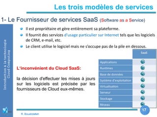 17
Introductionàlatechnologie
CloudComputing
Il est propriétaire et gère entièrement sa plateforme.
Il fournit des services d'usage particulier sur Internet tels que les logiciels
de CRM, e-mail, etc.
Le client utilise le logiciel mais ne s’occupe pas de la pile en dessous.
Les trois modèles de services
1- Le Fournisseur de services SaaS (Software as a Service)
L‘inconvénient du Cloud SaaS:
la décision d'effectuer les mises à jours
sur les logiciels est précisée par les
fournisseurs de Cloud eux-mêmes.
17
R. Bouabdallah
 