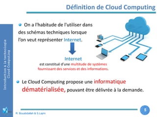 5
5
Introductionàlatechnologie
CloudComputing Définition de Cloud Computing
R. Bouabdallah & S.Lajmi
On a l'habitude de l'utiliser dans
des schémas techniques lorsque
l’on veut représenter Internet.
Internet
est constitué d'une multitude de systèmes
fournissant des services et des informations.
Le Cloud Computing propose une informatique
dématérialisée, pouvant être délivrée à la demande.
 