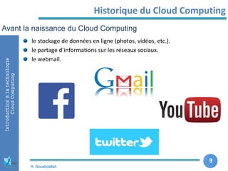 9
9
Introductionàlatechnologie
CloudComputing Historique du Cloud Computing
le stockage de données en ligne (photos, vidéos, etc.).
le partage d’informations sur les réseaux sociaux.
le webmail.
Avant la naissance du Cloud Computing
R. Bouabdallah
 