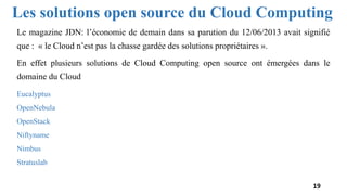 Les solutions open source du Cloud Computing
Le magazine JDN: l’économie de demain dans sa parution du 12/06/2013 avait signifié
que : « le Cloud n’est pas la chasse gardée des solutions propriétaires ».
En effet plusieurs solutions de Cloud Computing open source ont émergées dans le
domaine du Cloud
Eucalyptus
OpenNebula
OpenStack
Niftyname
Nimbus
Stratuslab
19
 