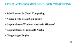 LES PLATES FORMES DU CLOUD COMPUTING
• SalesForce et le Cloud Computing
• Amazon et le Cloud Computing
• La plateforme Windows Azure de Microsoft
• La plateforme Manjrasoft-Aneka
• Google Apps Engine
27
 