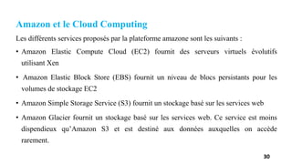 Amazon et le Cloud Computing
Les différents services proposés par la plateforme amazone sont les suivants :
• Amazon Elastic Compute Cloud (EC2) fournit des serveurs virtuels évolutifs
utilisant Xen
• Amazon Elastic Block Store (EBS) fournit un niveau de blocs persistants pour les
volumes de stockage EC2
• Amazon Simple Storage Service (S3) fournit un stockage basé sur les services web
• Amazon Glacier fournit un stockage basé sur les services web. Ce service est moins
dispendieux qu’Amazon S3 et est destiné aux données auxquelles on accède
rarement.
30
 