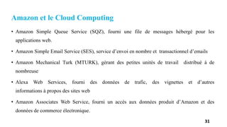 Amazon et le Cloud Computing
• Amazon Simple Queue Service (SQZ), fourni une file de messages hébergé pour les
applications web.
• Amazon Simple Email Service (SES), service d’envoi en nombre et transactionnel d’emails
• Amazon Mechanical Turk (MTURK), gérant des petites unités de travail distribué à de
nombreuse
• Alexa Web Services, fourni des données de trafic, des vignettes et d’autres
informations à propos des sites web
• Amazon Associates Web Service, fourni un accès aux données produit d’Amazon et des
données de commerce électronique.
31
 