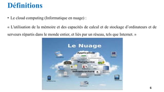 Définitions
• Le cloud computing (Informatique en nuage) :
« L'utilisation de la mémoire et des capacités de calcul et de stockage d’ordinateurs et de
serveurs répartis dans le monde entier, et liés par un réseau, tels que Internet. »
6
 