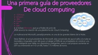  GOOGLE
 Amazon
 IBM
 Oracle
 HP
 EMC
 e incluso Microsoft, que ya a finales de junio de
2008 anuncio la creación de una plataforma de Cloud Computing.
La multinacional Microsoft, paradójicamente, es una de las grandes lideres de la Nube.
Steve Ballmer, el actual presidente de Microsoft, esta convencido de que el salto a la nube es
inevitable e imparable y por ello puso a trabajar al 90% de sus empelados en construir una
nube inteligente que hable con dispositivos inteligentes, para lo cual propuso aumentar en
2011 sus inversiones en I+D un 6%, hasta 7.75 millones de euros.
 
