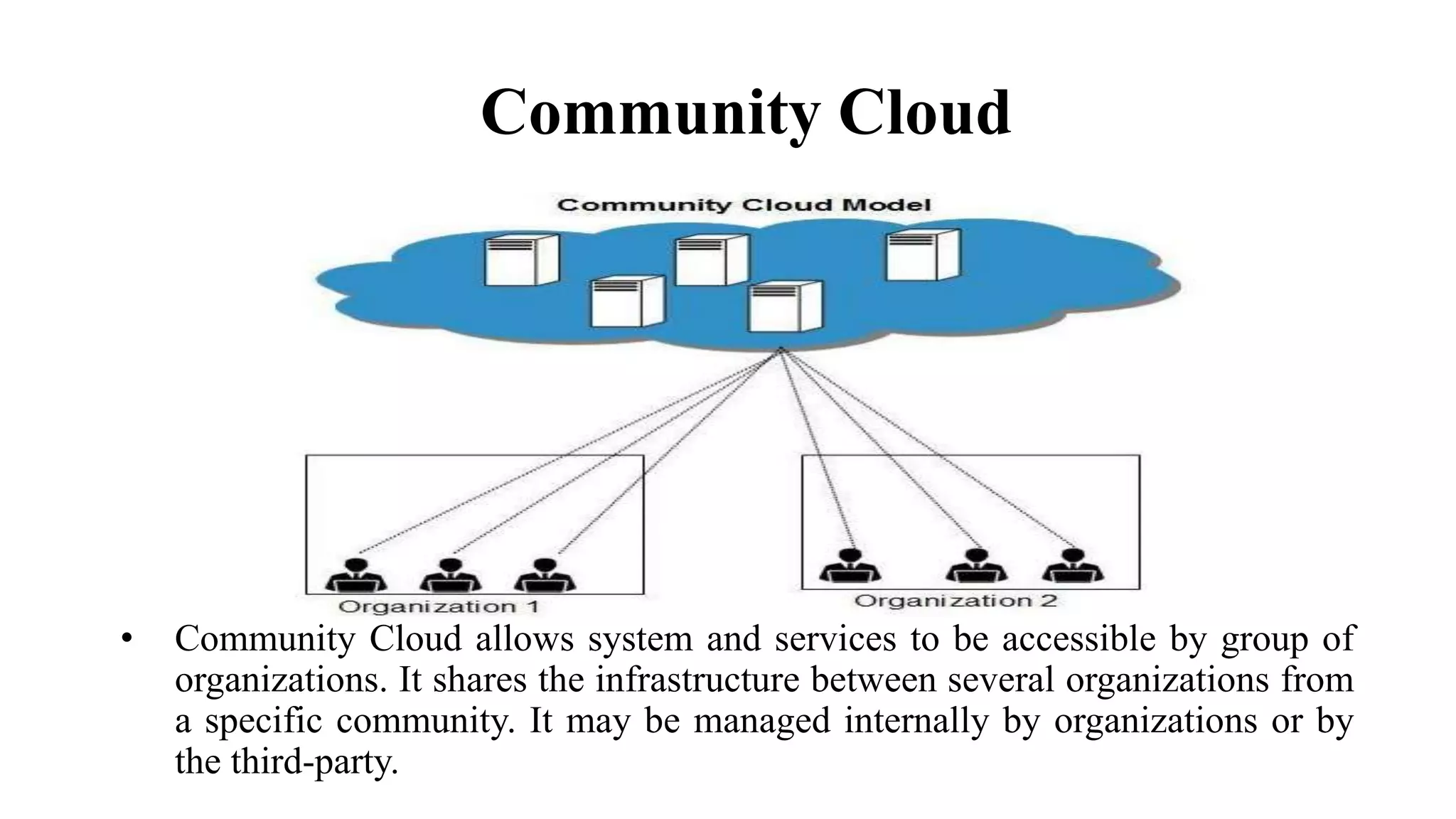 • Community Cloud allows system and services to be accessible by group of
organizations. It shares the infrastructure between several organizations from
a specific community. It may be managed internally by organizations or by
the third-party.
Community Cloud
 