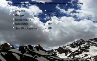 Основные компании, использующие концепцию Cloud Computing
• Google
• Amazon
• DataSynapse
• Salesforce • HP
• Sun Microsystems • IBM
• Dell
• Microsoft
• Intel
 