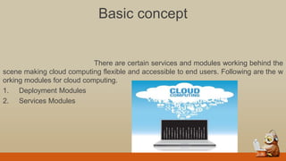 Basic concept
There are certain services and modules working behind the
scene making cloud computing flexible and accessible to end users. Following are the w
orking modules for cloud computing.
1. Deployment Modules
2. Services Modules
 