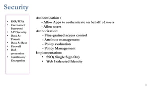 Security
24
• SSO/MFA
• Username/
Password
• API Security
• Data At
Transit
• Data At Rest
• Firewall
• DoS
prevention
• Certificate/
Encryption
Authentication :
- Allow Apps to authenticate on behalf of users
- Allow users
Authorization:
- Fine-grained access control
- Attribute management
- Policy evaluation
- Policy Management
Implementation:
• SSO( Single Sign On)
• Web Federated Identity
 