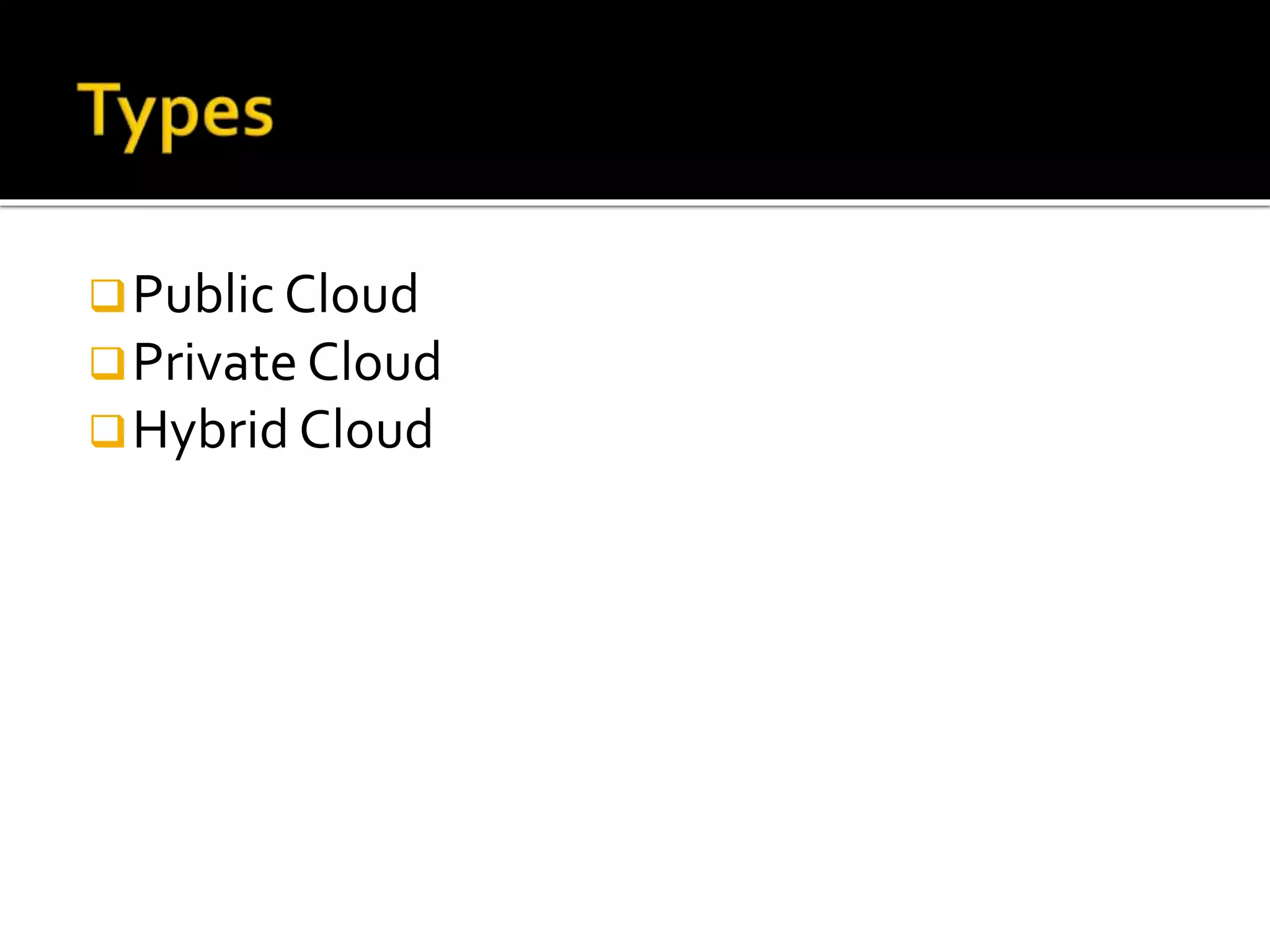 Public Cloud
Private Cloud
Hybrid Cloud
 