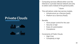 Private Clouds
• Computing services offered either over the
Internet or a private internal network and only
to select users instead of the general public..
~ Azure
• This will deliver under two service models.
• Infrastructure as a Service (IaaS)
• Platform as a Service (PaaS)
• Benefits
• Have proper control for the user
• Security is high
• Ease of customization
• Compliance
• Constraints of Public Clouds
• High Cost
• Complexity is high
12
 