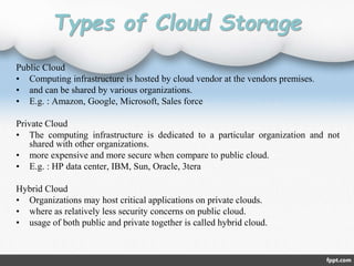 Types of Cloud Storage
Public Cloud
• Computing infrastructure is hosted by cloud vendor at the vendors premises.
• and can be shared by various organizations.
• E.g. : Amazon, Google, Microsoft, Sales force
Private Cloud
• The computing infrastructure is dedicated to a particular organization and not
shared with other organizations.
• more expensive and more secure when compare to public cloud.
• E.g. : HP data center, IBM, Sun, Oracle, 3tera
Hybrid Cloud
• Organizations may host critical applications on private clouds.
• where as relatively less security concerns on public cloud.
• usage of both public and private together is called hybrid cloud.
 
