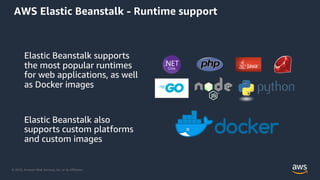 © 2020, Amazon Web Services, Inc. or its Affiliates.
Elastic Beanstalk supports
the most popular runtimes
for web applications, as well
as Docker images
Elastic Beanstalk also
supports custom platforms
and custom images
AWS Elastic Beanstalk - Runtime support
 