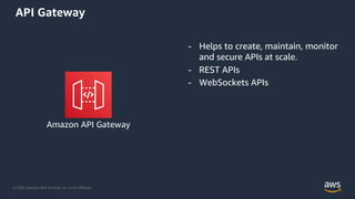 © 2020, Amazon Web Services, Inc. or its Aﬃliates.
API Gateway
- Helps to create, maintain, monitor
and secure APIs at scale.
- REST APIs
- WebSockets APIs
Amazon API Gateway
 
