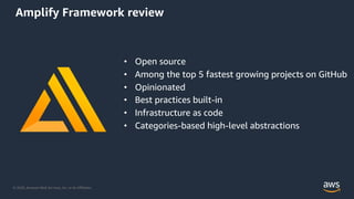 © 2020, Amazon Web Services, Inc. or its Aﬃliates.
Amplify Framework review
• Open source
• Among the top 5 fastest growing projects on GitHub
• Opinionated
• Best practices built-in
• Infrastructure as code
• Categories-based high-level abstractions
 