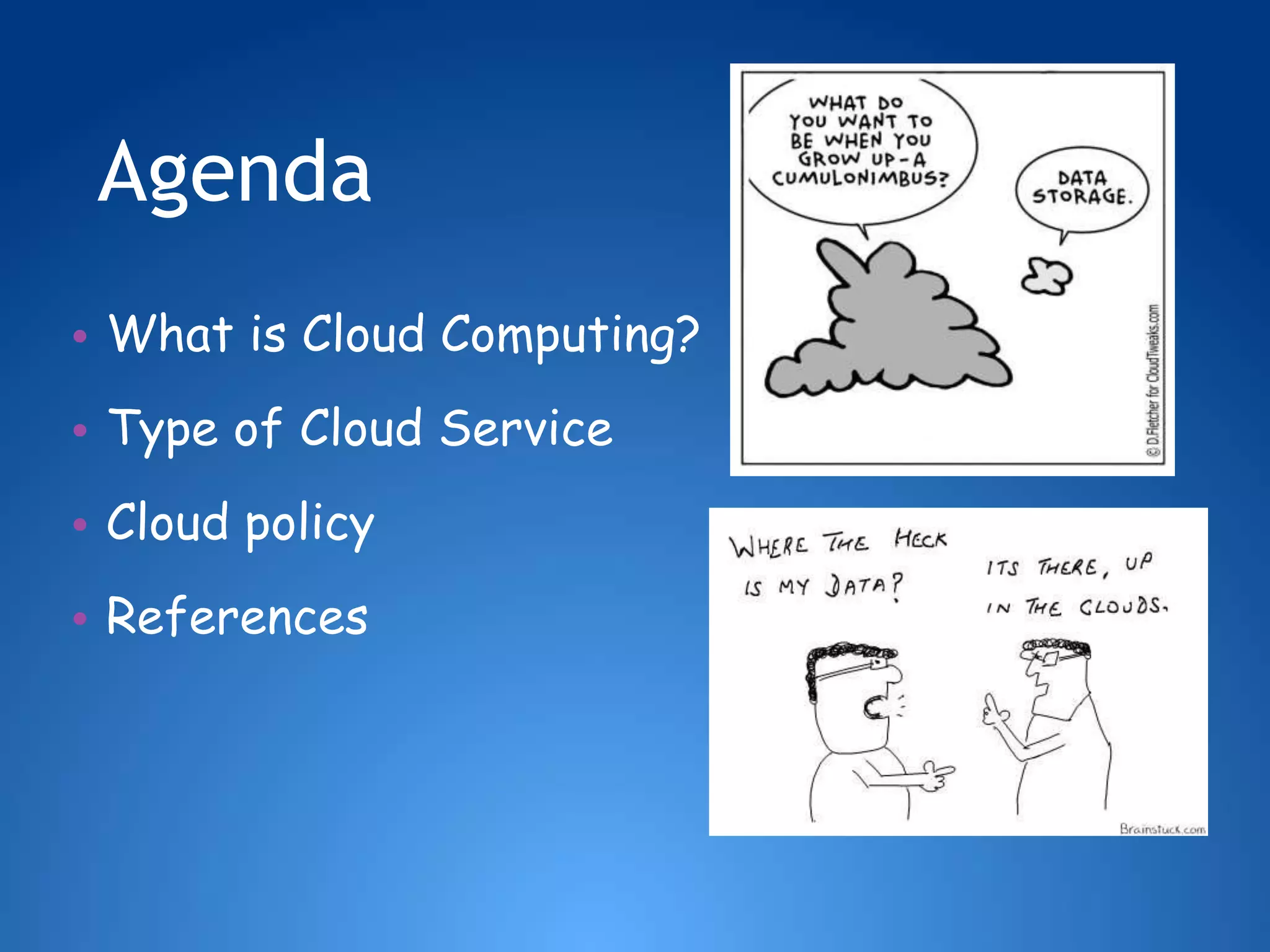 Agenda
• What is Cloud Computing?
• Type of Cloud Service
• Cloud policy
• References
 