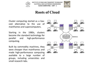 Roots of Cloud
Cluster computing started as a low-
cost alternative to the use of
mainframes and supercomputers.
Starting in the 1980s, clusters
become the standard technology for
parallel and high-performance
computing.
Built by commodity machines, they
were cheaper than mainframes and
made high-performance computing
available to a large number of
groups, including universities and
small research labs.
INSTITUTE OF ROAD AND TRANSPORT TECHNOLOGY
ELECTRICAL AND ELECTRONICS ENGINEERING
CLOUD COMPUTING – UNIT - 1
 