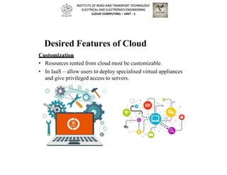Desired Features of Cloud
Customization
• Resources rented from cloud must be customizable.
• In IaaS – allow users to deploy specialised virtual appliances
and give privileged access to servers.
INSTITUTE OF ROAD AND TRANSPORT TECHNOLOGY
ELECTRICAL AND ELECTRONICS ENGINEERING
CLOUD COMPUTING – UNIT - 1
 