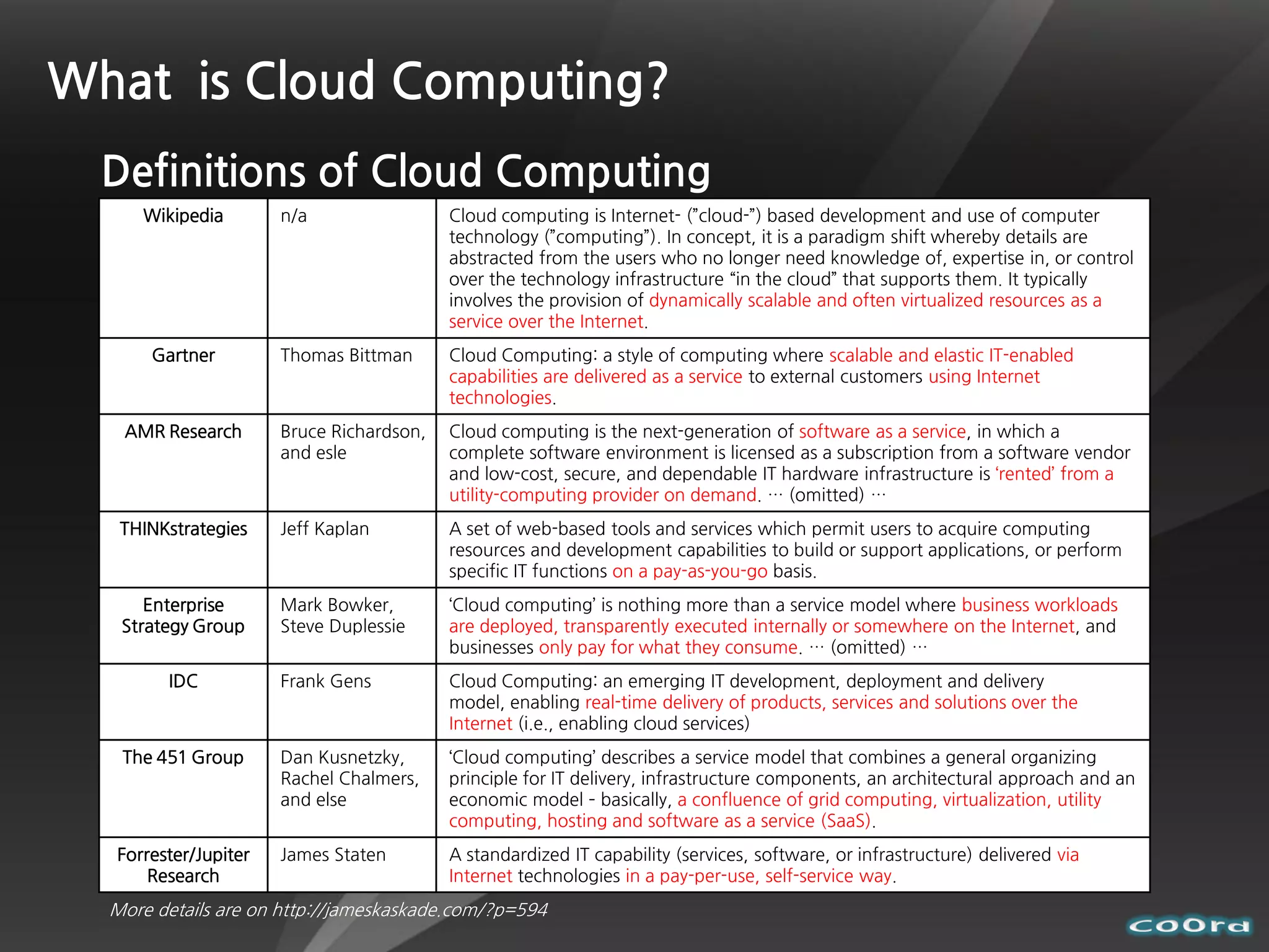 What is Cloud Computing?
  Definitions of Cloud Computing
     Wikipedia        n/a                 Cloud computing is Internet- (‛cloud-‛) based development and use of computer
                                          technology (‛computing‛). In concept, it is a paradigm shift whereby details are
                                          abstracted from the users who no longer need knowledge of, expertise in, or control
                                          over the technology infrastructure ‚in the cloud‛ that supports them. It typically
                                          involves the provision of dynamically scalable and often virtualized resources as a
                                          service over the Internet.
      Gartner         Thomas Bittman      Cloud Computing: a style of computing where scalable and elastic IT-enabled
                                          capabilities are delivered as a service to external customers using Internet
                                          technologies.
   AMR Research       Bruce Richardson,   Cloud computing is the next-generation of software as a service, in which a
                      and esle            complete software environment is licensed as a subscription from a software vendor
                                          and low-cost, secure, and dependable IT hardware infrastructure is ‘rented’ from a
                                          utility-computing provider on demand. … (omitted) …
   THINKstrategies    Jeff Kaplan         A set of web-based tools and services which permit users to acquire computing
                                          resources and development capabilities to build or support applications, or perform
                                          specific IT functions on a pay-as-you-go basis.
      Enterprise      Mark Bowker,        ‘Cloud computing’ is nothing more than a service model where business workloads
   Strategy Group     Steve Duplessie     are deployed, transparently executed internally or somewhere on the Internet, and
                                          businesses only pay for what they consume. … (omitted) …
        IDC           Frank Gens          Cloud Computing: an emerging IT development, deployment and delivery
                                          model, enabling real-time delivery of products, services and solutions over the
                                          Internet (i.e., enabling cloud services)
   The 451 Group      Dan Kusnetzky,      ‘Cloud computing’ describes a service model that combines a general organizing
                      Rachel Chalmers,    principle for IT delivery, infrastructure components, an architectural approach and an
                      and else            economic model – basically, a confluence of grid computing, virtualization, utility
                                          computing, hosting and software as a service (SaaS).
  Forrester/Jupiter   James Staten        A standardized IT capability (services, software, or infrastructure) delivered via
      Research                            Internet technologies in a pay-per-use, self-service way.
  More details are on http://jameskaskade.com/?p=594
 