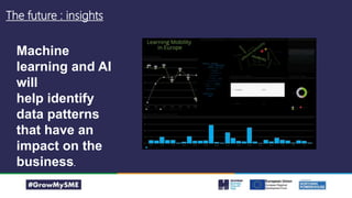 The future : insights
Machine
learning and AI
will
help identify
data patterns
that have an
impact on the
business.
 