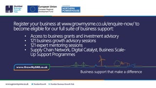 Register your business at www.growmysme.co.uk/enquire-now/ to
become eligible for our full suite of business support:
Business support that make a difference
• Access to business grants and investment advisory
• 121 business growth advisory sessions
• 121 expert mentoring sessions
• Supply Chain Network, Digital Catalyst, Business Scale-
Up Support Programmes
 