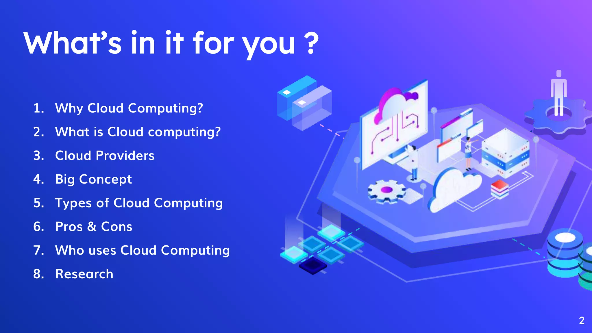 2
What’s in it for you ?
1. Why Cloud Computing?
2. What is Cloud computing?
3. Cloud Providers
4. Big Concept
5. Types of Cloud Computing
6. Pros & Cons
7. Who uses Cloud Computing
8. Research
 