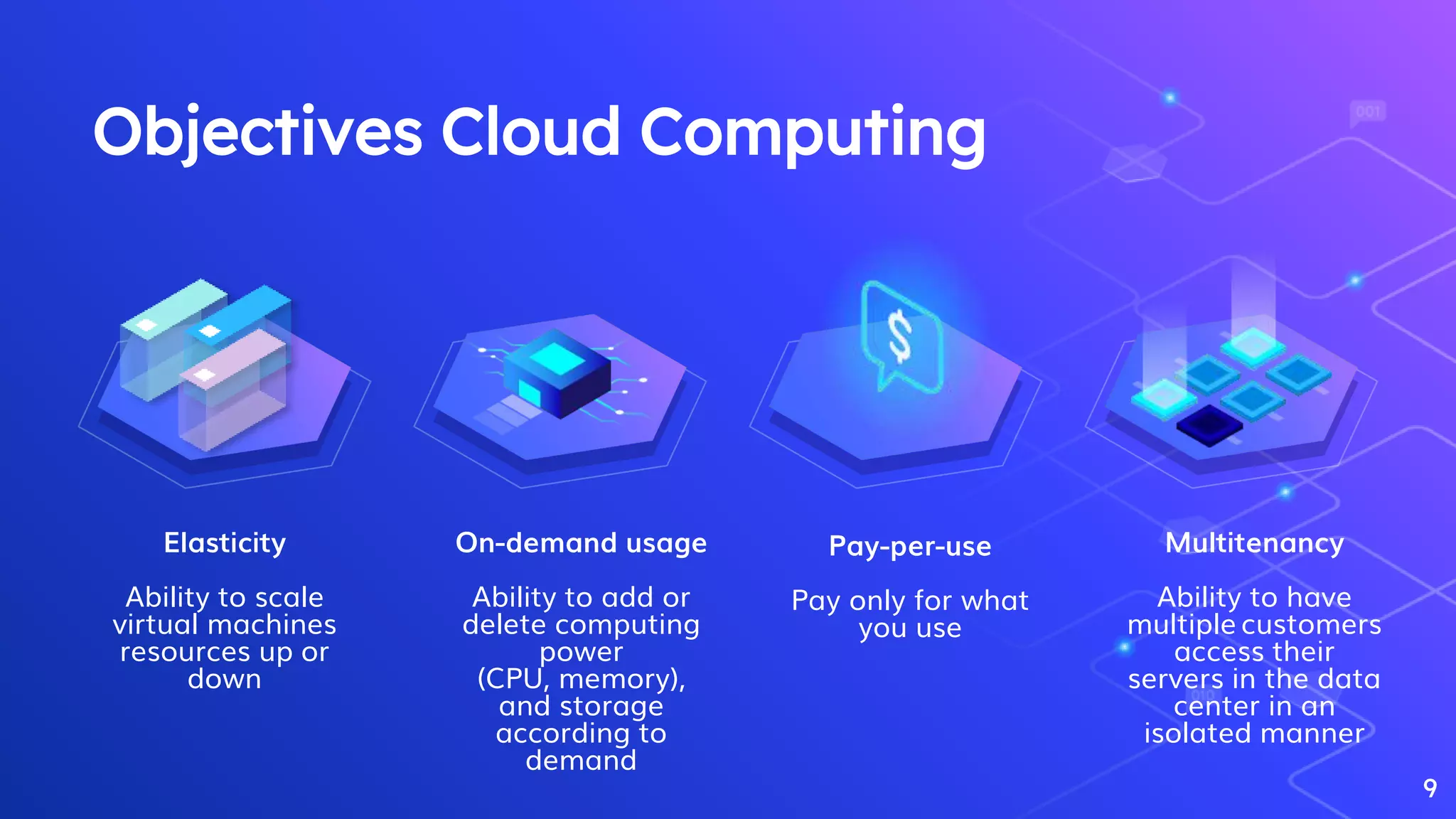 Elasticity
Ability to scale
virtual machines
resources up or
down
On-demand usage
Ability to add or
delete computing
power
(CPU, memory),
and storage
according to
demand
Pay-per-use
Pay only for what
you use
Multitenancy
Ability to have
multiple customers
access their
servers in the data
center in an
isolated manner
Objectives Cloud Computing
9
 