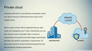Private cloud
Companies that look for cost efficiency and greater control
over data & resources will find the private cloud a more
suitable choice.
What it means is that it will be integrated with your data
center and managed by your IT team. Alternatively, you can
also choose to host it externally. When it comes to
customization, the private cloud offers bigger opportunities
that help meet specific organization’s requirements. It’s
also a wise choice for mission-critical processes that may
have frequently changing requirements.
 