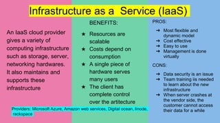 Infrastructure as a Service (IaaS)
An IaaS cloud provider
gives a variety of
computing infrastructure
such as storage, server,
networking hardwares.
It also maintains and
supports these
infrastructure
BENEFITS:
★ Resources are
scalable
★ Costs depend on
consumption
★ A single piece of
hardware serves
many users
★ The client has
complete control
over the artitecture
PROS:
➔ Most flexible and
dynamic model
➔ Cost effective
➔ Easy to use
➔ Management is done
virtually
CONS:
➔ Data security is an issue
➔ Team training iis needed
to learn about the new
infrastructure
➔ When server crashes at
the vendor side, the
customer cannot access
their data for a while
Providers: Microsoft Azure, Amazon web services, Digital ocean, linode,
rackspace
 