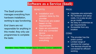 Software as a Service (SaaS)
The SaaS provider
manages everything from
hardware installation,
working to app functioning.
End Users are not
responsible for anything in
this model, they only use
programmes to complete
the tasks
BENEFITS:
★ Installation and
updation done by the
provider
★ Resources are scaled
based on the
requirements
★ Apps are accessible
from any connected
device
★ The provider is
responsible for
everything
PROS:
➔ Upgrades are automatic
➔ No hardware and setup
costs, it is a pay as you
as go model
➔ Itis easy to customize as
per requirements
➔ Accessible from any
location
CONS:
➔ The provider has the
entire control
➔ Limited range of
solutions for crashes
➔ The devices should be
connected for efficient
working
Providers: Cisco Webex, Google Apps, Dropbox, Concur, salesforce
 
