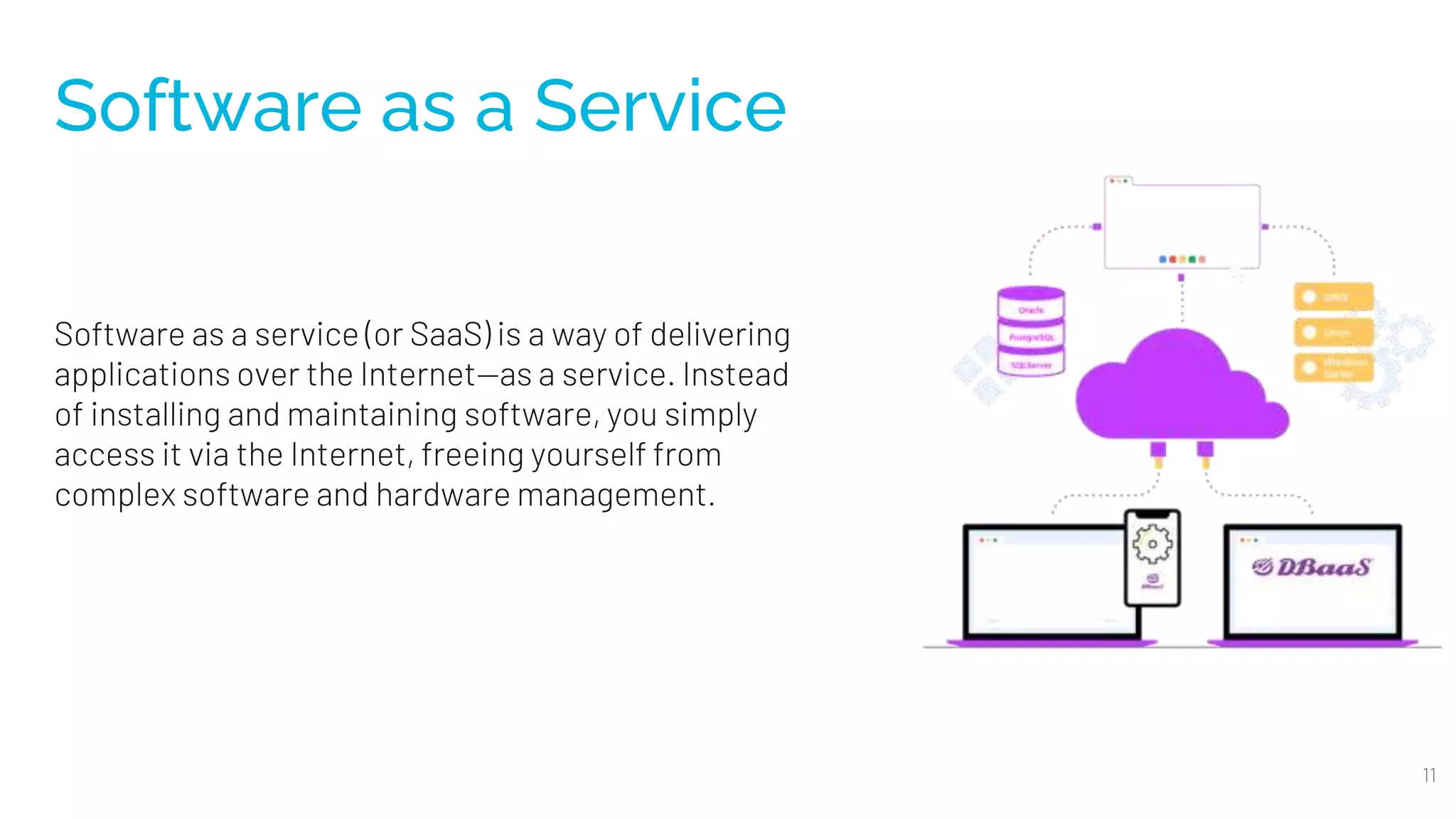 Software as a Service
Software as a service (or SaaS) is a way of delivering
applications over the Internet—as a service. Instead
of installing and maintaining software, you simply
access it via the Internet, freeing yourself from
complex software and hardware management.
11
 