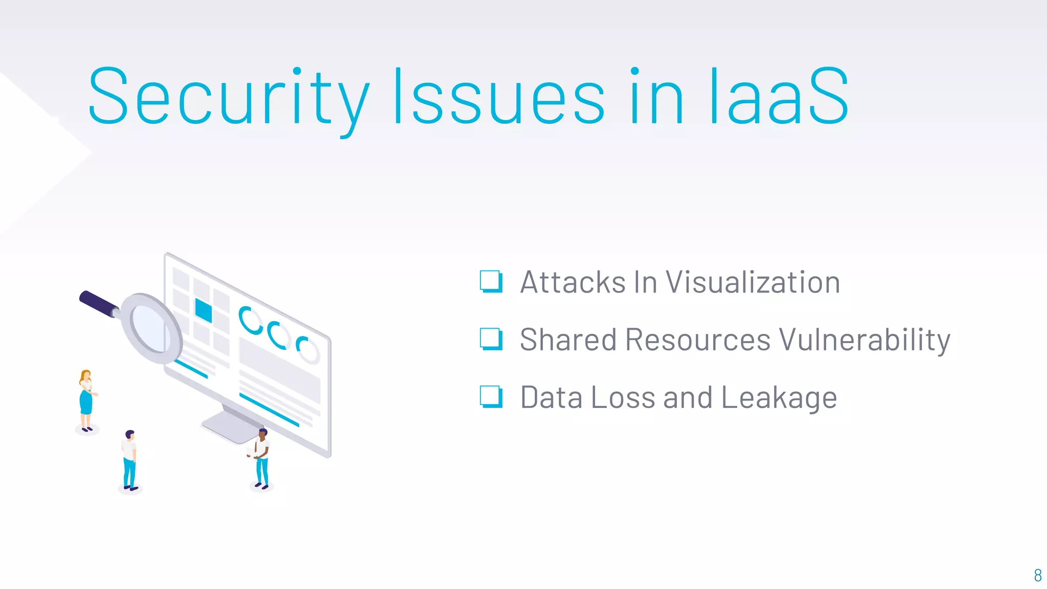 “
8
Security Issues in IaaS
❏ Attacks In Visualization
❏ Shared Resources Vulnerability
❏ Data Loss and Leakage
 