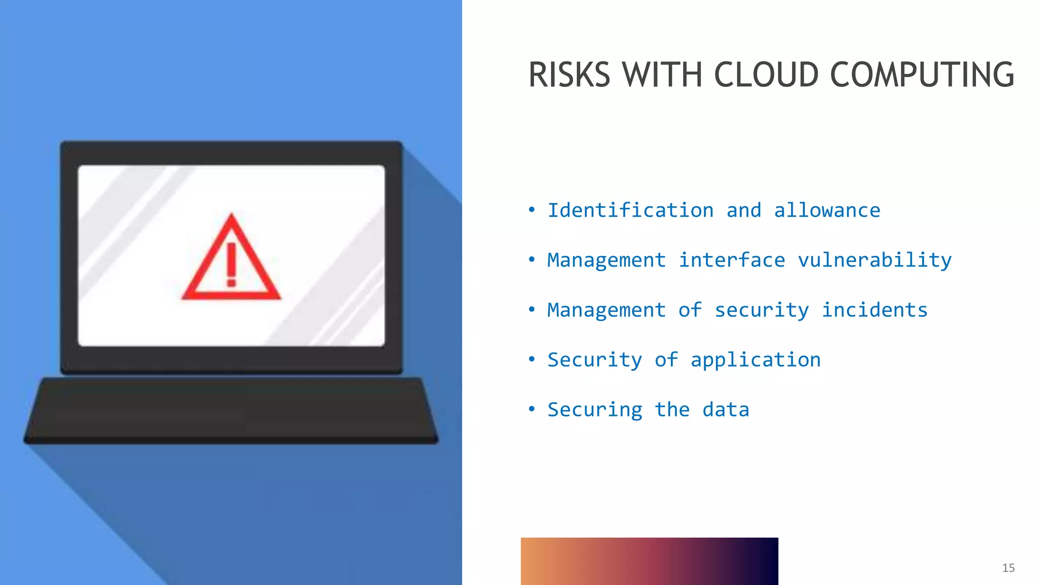 15
15
• Identification and allowance
• Management interface vulnerability
• Management of security incidents
• Security of application
• Securing the data
RISKS WITH CLOUD COMPUTING
 