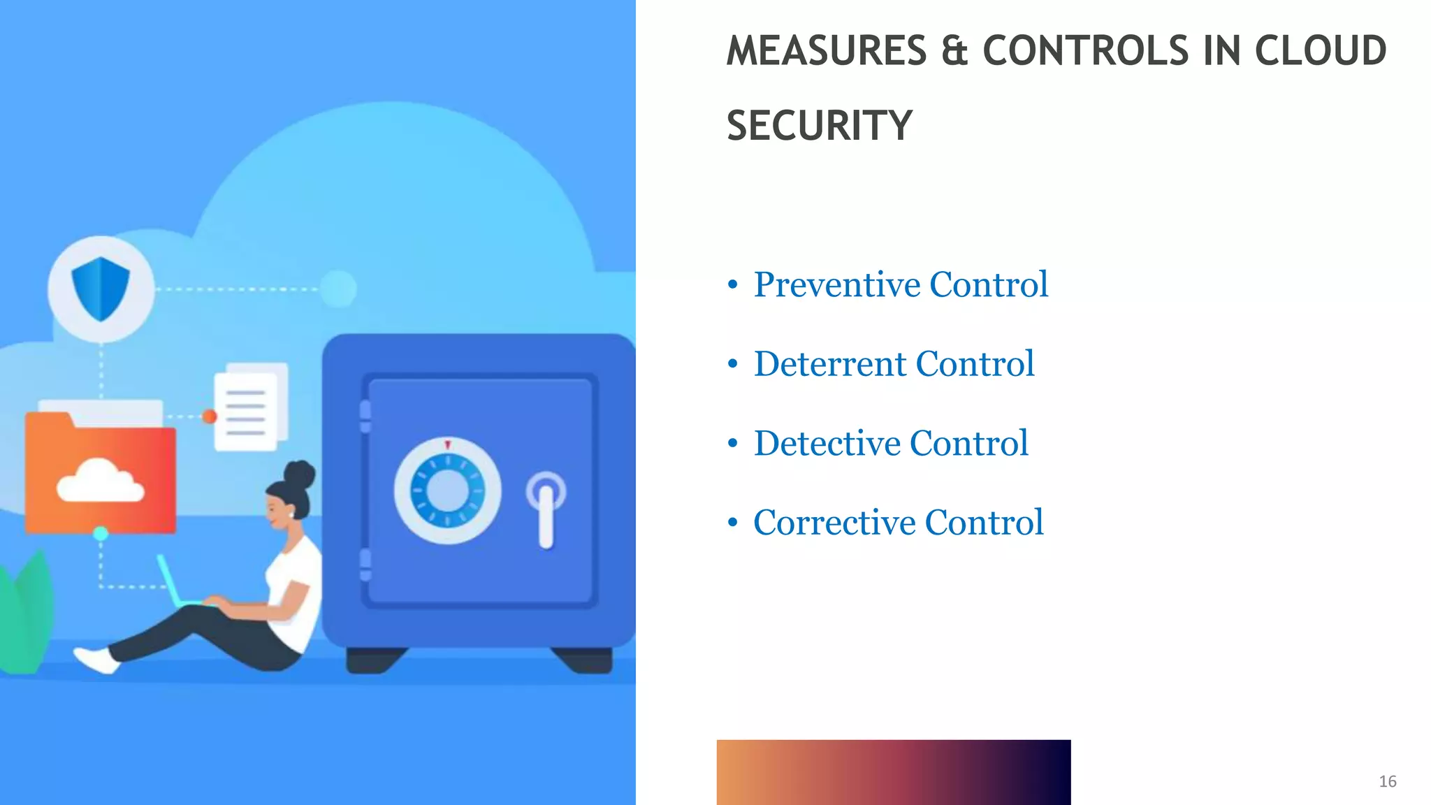 16
16
• Preventive Control
• Deterrent Control
• Detective Control
• Corrective Control
MEASURES & CONTROLS IN CLOUD
SECURITY
 