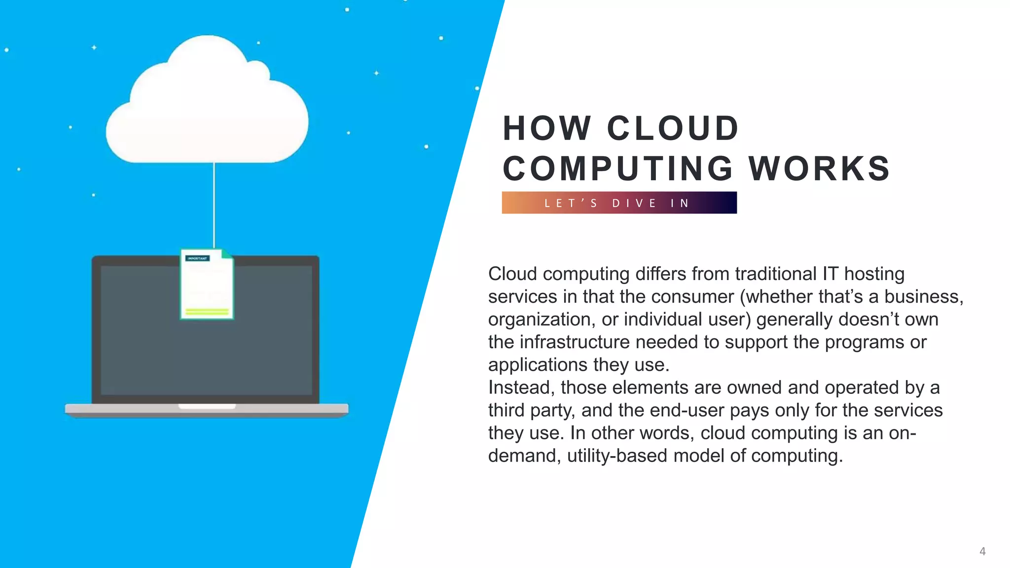 HOW CLOUD
COMPUTING WORKS
L E T ’ S D I V E I N
4
Cloud computing differs from traditional IT hosting
services in that the consumer (whether that’s a business,
organization, or individual user) generally doesn’t own
the infrastructure needed to support the programs or
applications they use.
Instead, those elements are owned and operated by a
third party, and the end-user pays only for the services
they use. In other words, cloud computing is an on-
demand, utility-based model of computing.
 