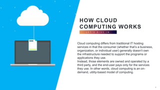 HOW CLOUD
COMPUTING WORKS
L E T ’ S D I V E I N
4
Cloud computing differs from traditional IT hosting
services in that the consumer (whether that’s a business,
organization, or individual user) generally doesn’t own
the infrastructure needed to support the programs or
applications they use.
Instead, those elements are owned and operated by a
third party, and the end-user pays only for the services
they use. In other words, cloud computing is an on-
demand, utility-based model of computing.
 