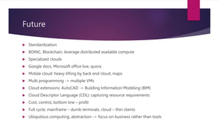 Future
 Standardization
 BOINC, Blockchain, leverage distributed available compute
 Specialized clouds
 Google docs, Microsoft office live, quora
 Mobile cloud: heavy lifting by back end cloud, maps
 Multi programming -> multiple VMs
 Cloud extensions: AutoCAD -> Building Information Modeling (BIM)
 Cloud Descriptor Language (CDL): capturing resource requirements
 Cost, control, bottom line – profit
 Full cycle; mainframe – dumb terminals, cloud – thin clients
 Ubiquitous computing, abstraction -> focus on business rather than tools
 
