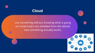 Cloud
Use something without knowing what is going
on inside.Users are shielded from the details
how something actually wor...