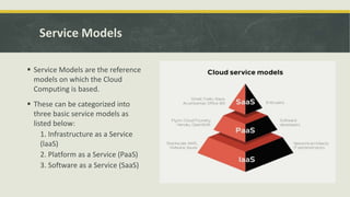 Service Models
 Service Models are the reference
models on which the Cloud
Computing is based.
 These can be categorized into
three basic service models as
listed below:
1. Infrastructure as a Service
(laaS)
2. Platform as a Service (PaaS)
3. Software as a Service (SaaS)
 