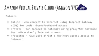 Subnets
Amazon Virtual Private Cloud (Amazon VPC)
● Public - can connect to internet using Internet Gateway
(IGW) for both inbound/outbound access
● Private - can connect to internet using proxy/NAT instance
for outbound only Internet access
● Protected - have zero direct & indirect access access to
internet
 