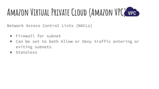 Network Access Control Lists (NACLs)
Amazon Virtual Private Cloud (Amazon VPC)
● Firewall for subnet
● Can be set to both Allow or Deny traffic entering or
exiting subnets
● Stateless
 