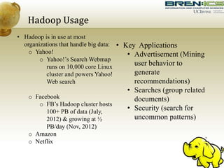 Hadoop Usage
• Hadoop is in use at most
organizations that handle big data:
o Yahoo!
o Yahoo!’s Search Webmap
runs on 10,000 core Linux
cluster and powers Yahoo!
Web search
o Facebook
o FB’s Hadoop cluster hosts
100+ PB of data (July,
2012) & growing at ½
PB/day (Nov, 2012)
o Amazon
o Netflix
• Key Applications
• Advertisement (Mining
user behavior to
generate
recommendations)
• Searches (group related
documents)
• Security (search for
uncommon patterns)
 