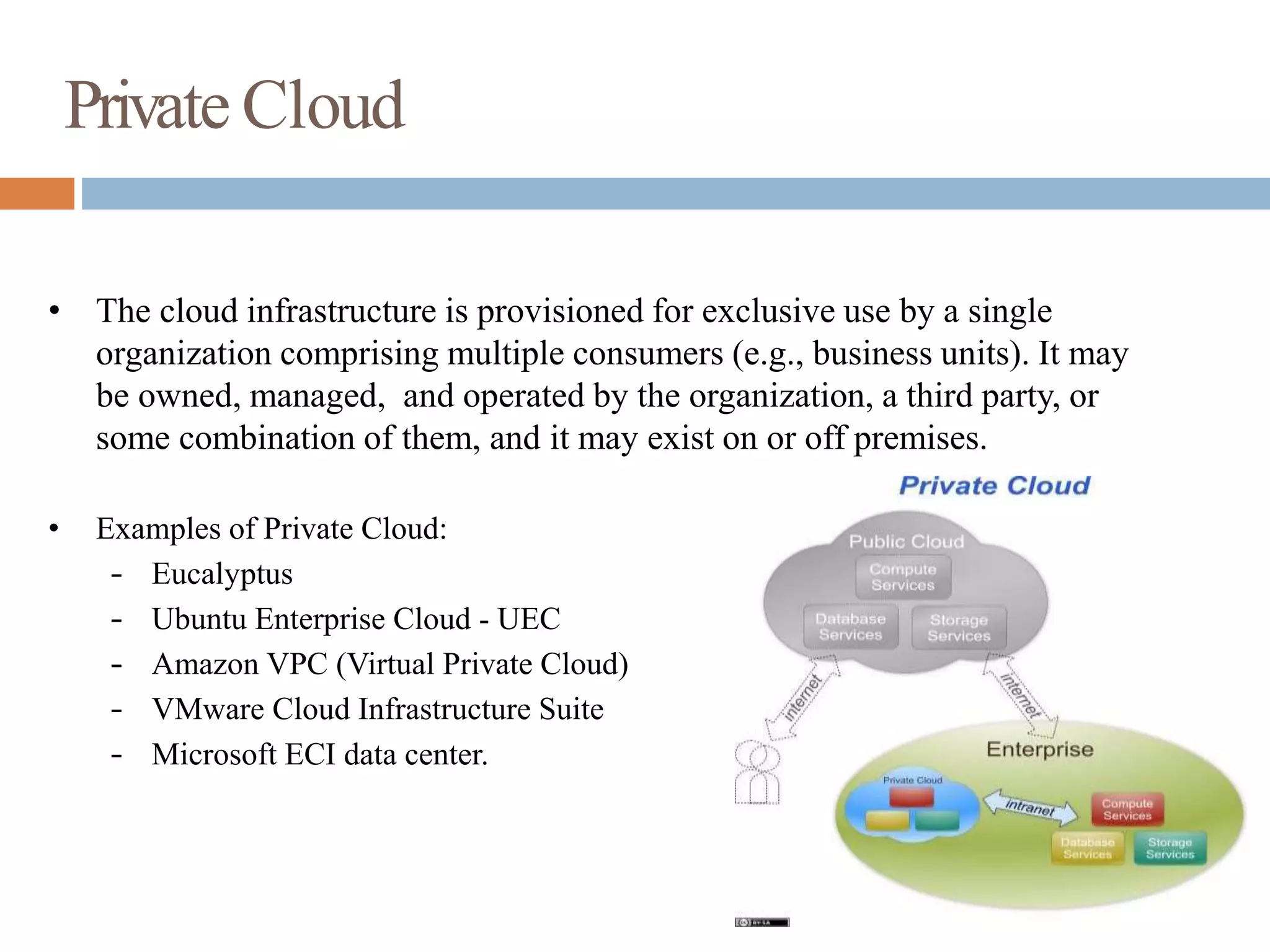 Private Cloud
• The cloud infrastructure is provisioned for exclusive use by a single
organization comprising multiple consumers (e.g., business units). It may
be owned, managed, and operated by the organization, a third party, or
some combination of them, and it may exist on or off premises.
• Examples of Private Cloud:
– Eucalyptus
– Ubuntu Enterprise Cloud - UEC
– Amazon VPC (Virtual Private Cloud)
– VMware Cloud Infrastructure Suite
– Microsoft ECI data center.
 