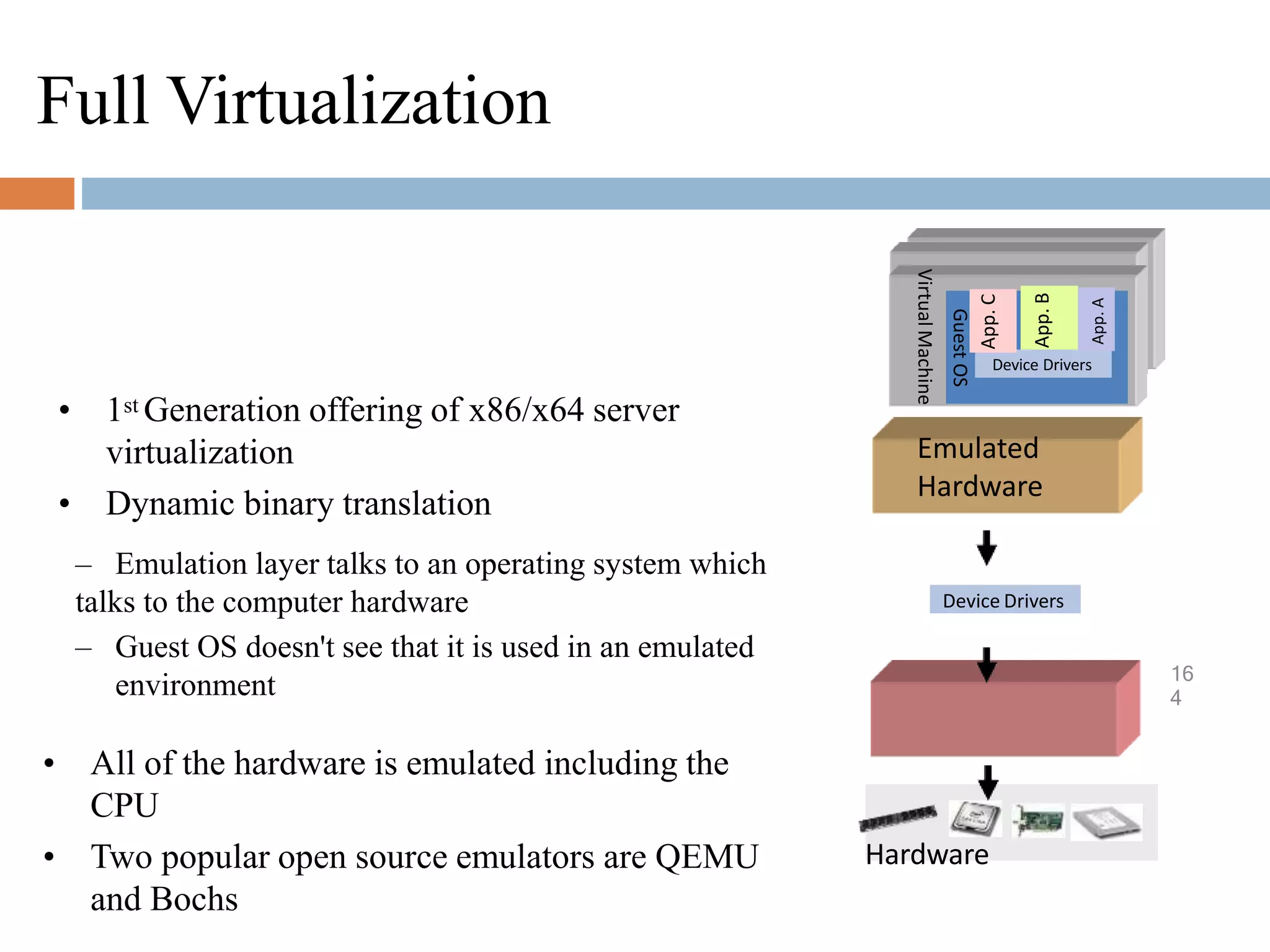 Full Virtualization
• 1st Generation offering of x86/x64 server
virtualization
• Dynamic binary translation
– Emulation layer talks to an operating system which
talks to the computer hardware
– Guest OS doesn't see that it is used in an emulated
environment
• All of the hardware is emulated including the
CPU
• Two popular open source emulators are QEMU
and Bochs
Emulated
Hardware
Virtual
Machine
Guest
OS
Device Drivers
App.
A
App.
B
App.
C
Hardware
Host OS
Device Drivers
16
4
 